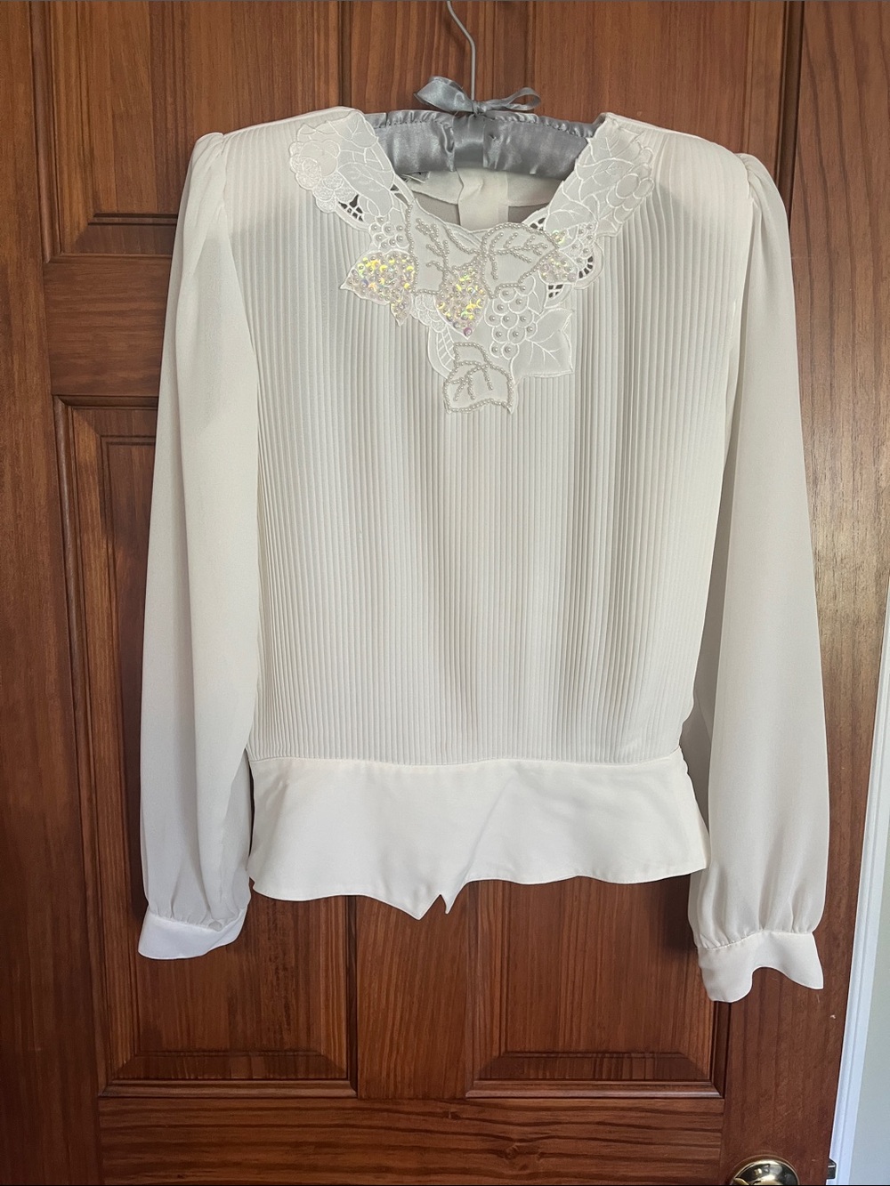NICOLA Cream Lace-Yoke Long Sleeve Blouse